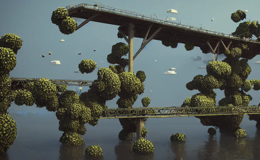 Image similar to a big bridge destroyed by explosions in the form of cotton plants, 3 d octane render, epic lighting, 8 k, by goro fujita