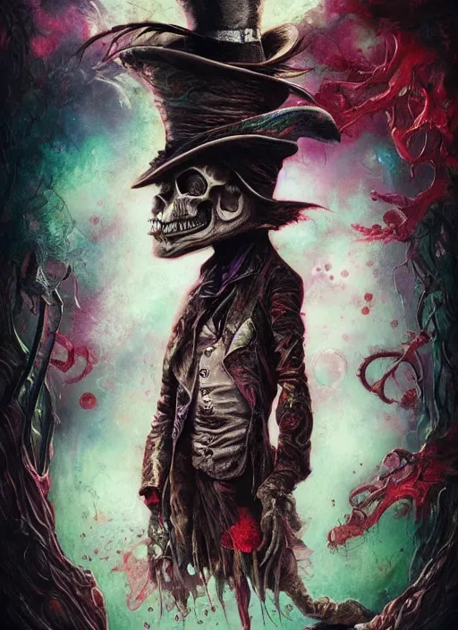 Image similar to mad hatter, alien, skull, highly detailed, cinematic, 8 k, by megan duncanson, benjamin lacombe, adrian borda, stanley artgermm, tom bagshaw, craig mullins, carne griffiths, ayami kojima, beksinski, giger, trending on deviantart, hyper detailed, horror, full of colour