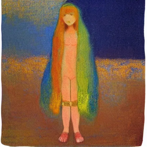 Prompt: glitch girl and very very tall monster wrapped in a blanket looks into the distance on the beach, in the rain, style by odilon redon, atmospheric