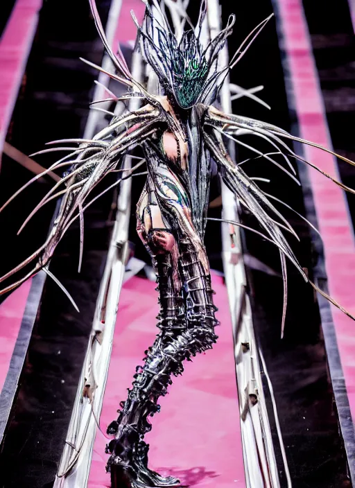 Image similar to walking down the catwalk, ben watts, show, stage, vogue photo, podium, fashion show photo, iris van herpen, beautiful woman, full body shot, helmet on face, masterpiece, plant predator, guyver, jellyfish, biomechanical details, movie still, fauvism, cinestill, bokeh, gelios lens