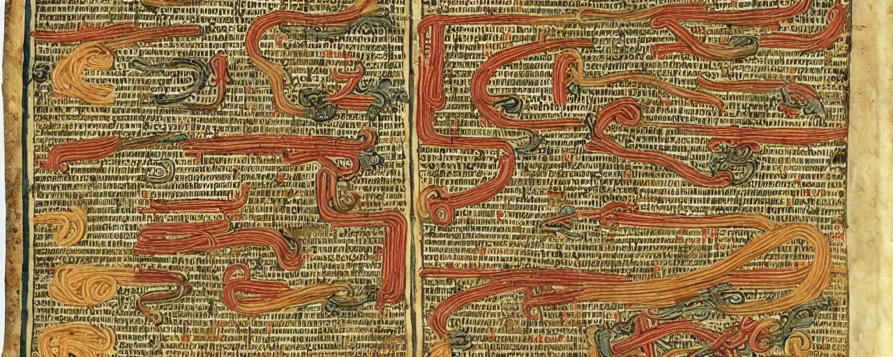 Image similar to ancient manuscripts detailing spaghetti, in the style of grolier codex, fine detail, kodachrome