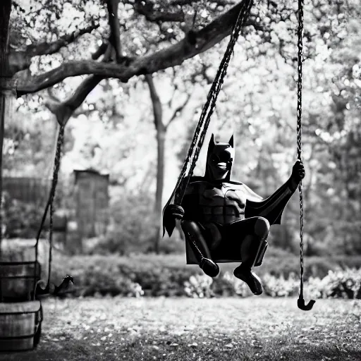 Image similar to batman sits happily on a garden swing, happy face, 8 k photography