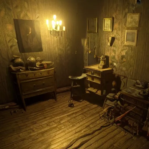 Image similar to room of a dark mansion, objects from ritual in the ground, realistic, highly detailed, background of layers of fear game