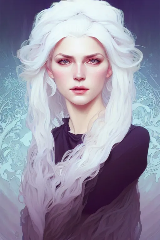 Image similar to a very beautiful white haired woman, fantasy, portrait, sharp focus, intricate, elegant, digital painting, artstation, matte, highly detailed, concept art, illustration, ambient lighting, art by ilya kuvshinov, artgerm, alphonse mucha, and greg rutkowski