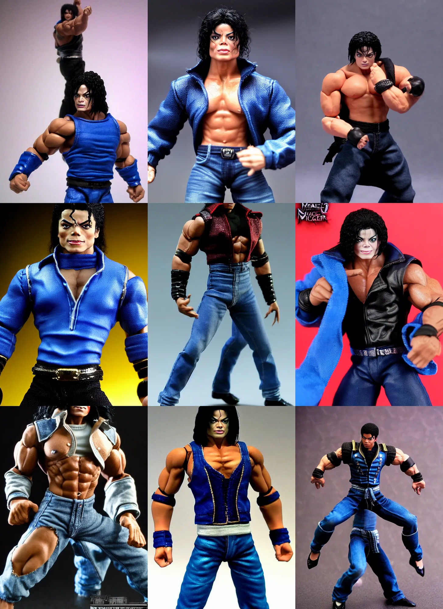 Prompt: michael jackson oversized muscular hulked powerlifter by neca!!! pretty! beautiful! action pose shirtless muscular black pants blue military jacket very detailed realistic action figure by neca!!. macro face very close!! shot face shot head shot. in the style of tekken 5, character from mortal kombat, film still, bokehs