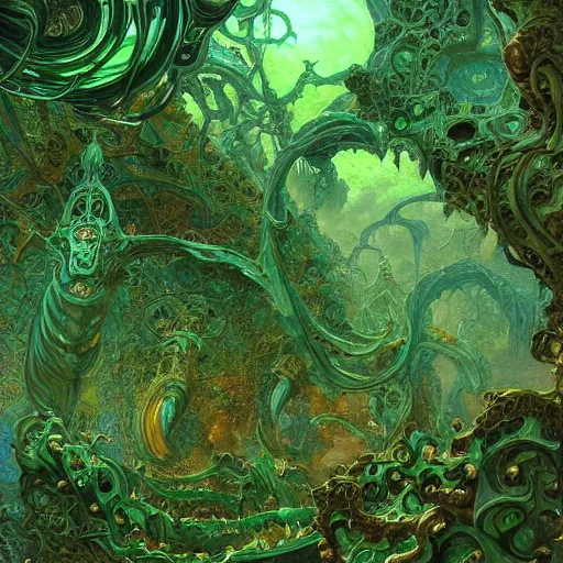 Prompt: a detailed oil painting by michael whelan and donato giancola of an intricate, ornate palace made of green, polished, swirling malachite and jade, hyper detailed, hd, artstation, beautiful sunrise lighting, surrounded by trees