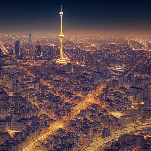 Image similar to photrealistic painting of tehran in the future by Alfredo Jaar, milad tower in the center, high traffic, clear weather, neon lights, nighttime, octane render, 8k, award winning, trending on artstation