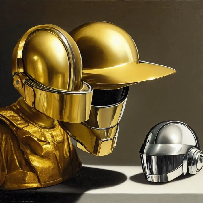 Image similar to still life painting of a daft punk helmets and greenery by pieter claesz, oil on canvas, strong lighting, highly detailed, hyper realism, golden hour, god rays, hd, 4 k