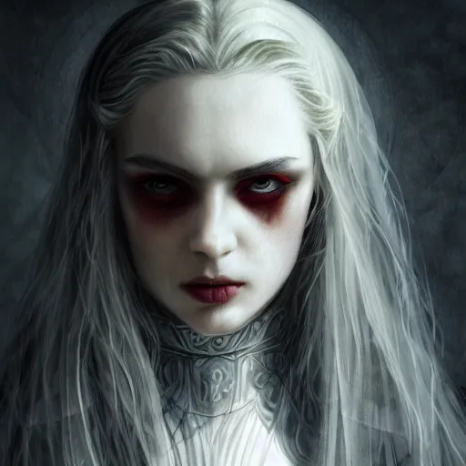 Prompt: a vampire priest character portrait, lean face, cinematic lighting, glowing grey eyes, hyper-detailed, 4k, high resolution, in the style of Charlie Bowater, Tom Bagshaw, single face, symmetrical, headshot photograph, insanely detailed and intricate, beautiful, elegant, watercolor, cinematic, portrait, Raphaelite, headroom, Pierre-Auguste Renoir