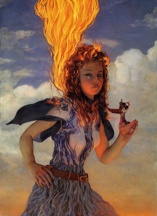 Image similar to symmetry! half length portrait of a bautiful firy witch girl burning with a goat in her hands, glowing fire, clouds, sunset, studio light, by mikhail vrubel, by peter elson, muted colors, extreme detail, trending on artstation, 3 5 mm, 8 k