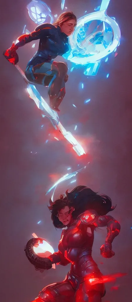 Prompt: the strongest hero, concept art, artstation, digital art, dark colors, red and blue lighting, sharp focus, illustration, art by artgerm and greg rutkowski and alphonse mucha