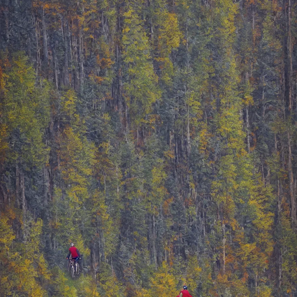 Image similar to Two men biking up a steep forest hill. One with a deep dark blue sweater and the other with a wine red sweater. sweaty. Oil painting. Emotional. Trending on artstation. Steep. Nordic Trees. Rustic. Artistic.