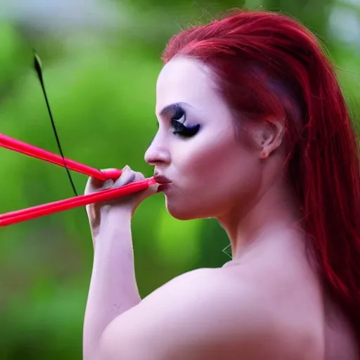 Prompt: cupid shoots his arrow right into a super hot woman's eye