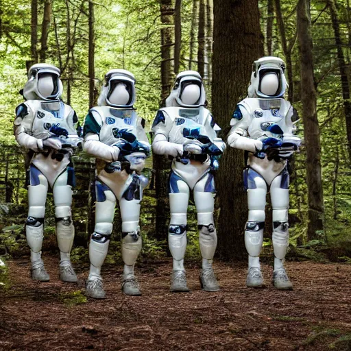 Image similar to a squad of space scouts wearing camo uniforms with white armor and helmets and a tall robot exploring a forest planet