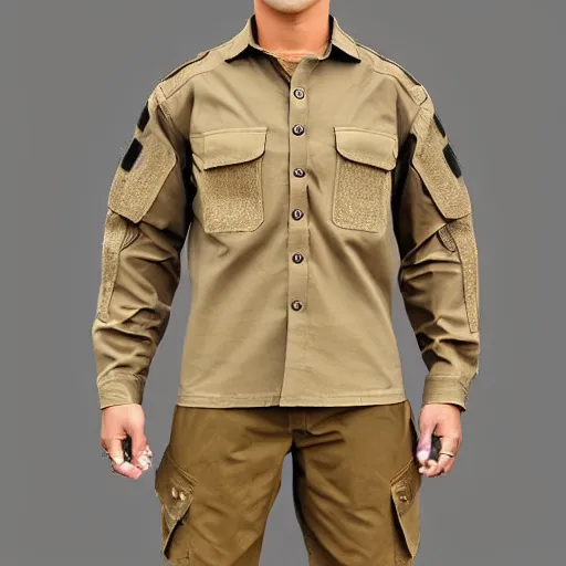 Image similar to intricate tactical cargo buckskin shirt