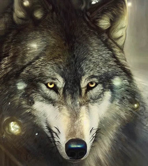 Prompt: wolf hyperrealistic portrait, surrounded by silver wires, dripping moonstone and white nightshade flowers, moonlit, cool toned, by jeremy mann and alphonse mucha, fantasy art, photo realistic, dynamic lighting, artstation, poster, volumetric lighting, dramatic light, very detailed faces, 8 k, award winning