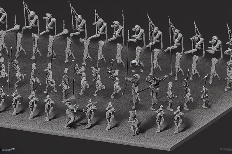 Image similar to isometric toy soldiers, dark landscape, by dan mumford and by alberto giacometti, peter lindbergh, malevich, william stout, zbrush