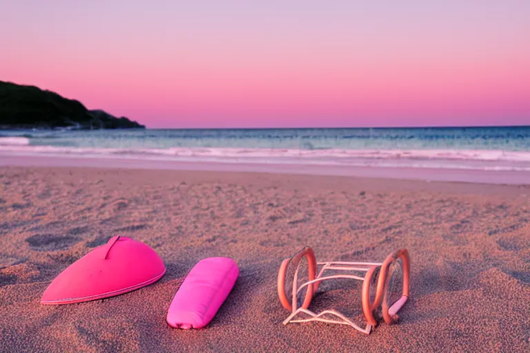 Image similar to a vintage family holiday photo fuji kodak of an empty beach shore with pastel pink sand reflective metallic water and sunbathing equipment at dusk.