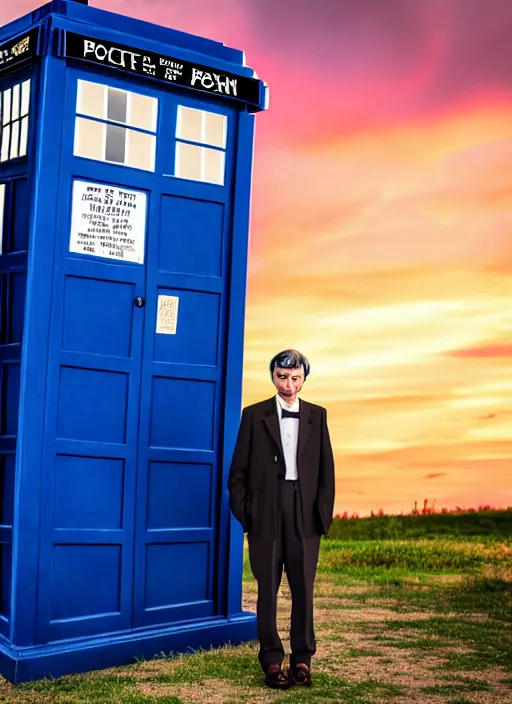 Prompt: dslr photo portrait still of mr bean as doctor who in front of the tardis at sunset, 8 k, 8 5 mm f 1. 4