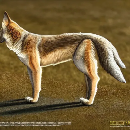 Image similar to professional stylized full - body digital art of a side profile of a tan tibetan wolf, cream and brown fur, fluffy, falling leaves, hd, 8 k, highly detailed, high quality, cute