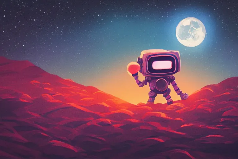 Image similar to a cozy robot laying on mars in the style of flooko, acrylic, art, detailed, moonlight, bokeh, synthwave, phychedelic, glitch, neon, retro, galaxy, glow, ambient lighting, cinematic lighting,