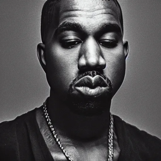 Image similar to the face of young kanye west wearing yeezy clothing at 2 3 years old, black and white portrait by julia cameron, chiaroscuro lighting, shallow depth of field, 8 0 mm, f 1. 8