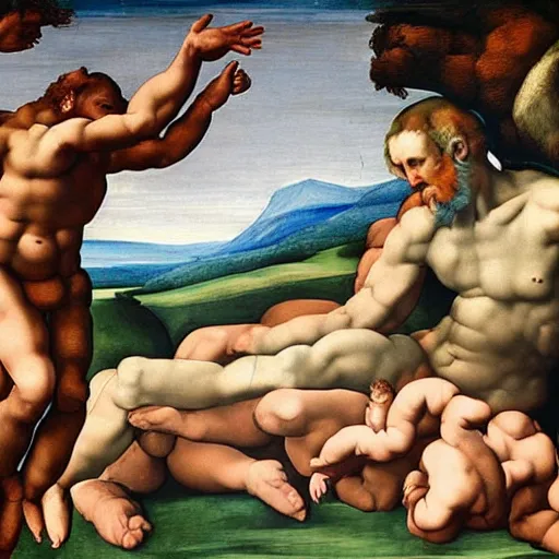 Image similar to the creation of adam by michelangelo, but with primates, highly detailed, painting