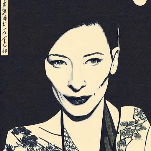 Image similar to cate blanchett in the style of japanese wood print