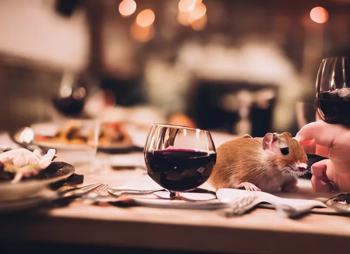 Image similar to photo of a hamsters on a date, drinking red wine, at night, faded colors, candlelit restaurant table, various poses, soft light, centered, sharp focus, 8 k