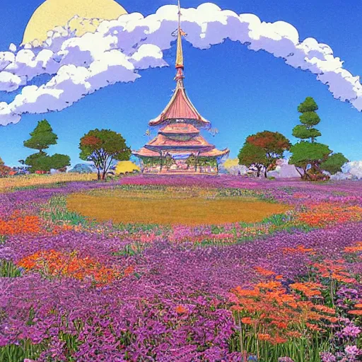 Image similar to a beautiful painting of a large exquisite mystical shrine in a field of flowers by moebius and studio ghibli