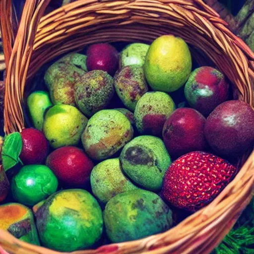 Prompt: basket of moldy fruit beautiful lovely aesthetic colorful