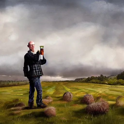 Prompt: a Scottish man holding a pint of beer in the middle of an empty field, In the back ground of the frame is a beautiful landscape., physically accurate, dynamic lighting, intricate, elegant, highly detailed, digital painting, very very ralph steadman, Hieronymus Bosch, Francis Bacon, concept art, smooth, sharp focus, illustration