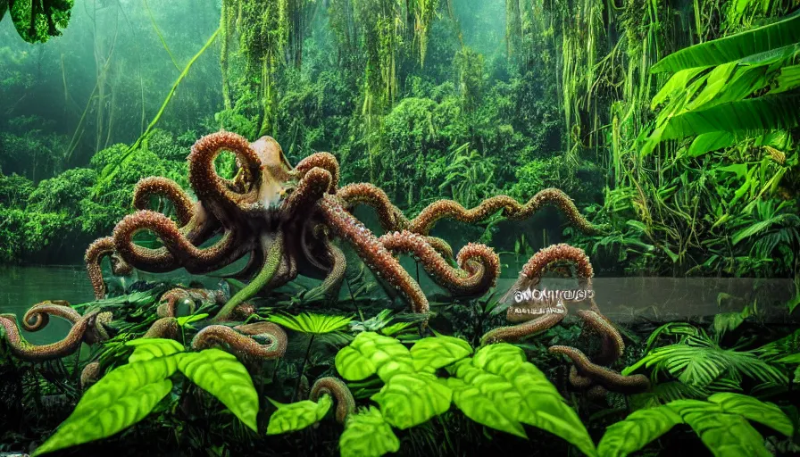 Prompt: a rainy foggy jungle, river with low hanging plants, there is a giant coral colored octopus in the water, great photography, ambient light