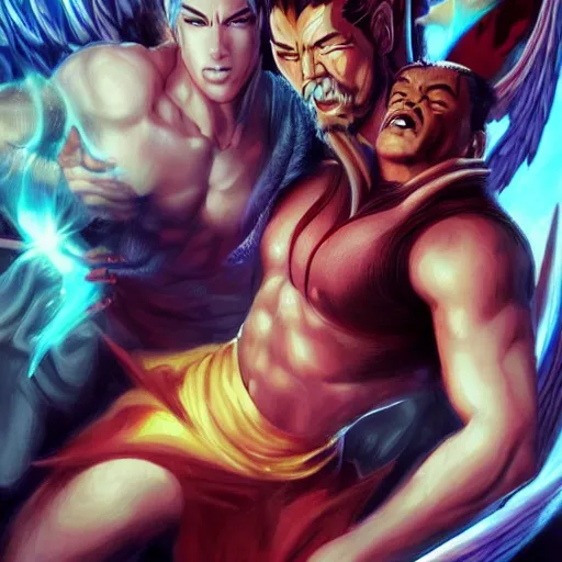 Prompt: God and Lucifer in a Kung Fu fight surrounded by angels, artwork by Artgerm