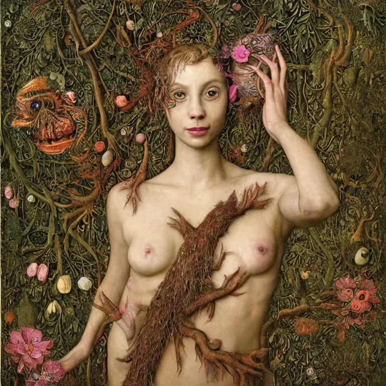 Image similar to a fish eye lense photograph of a grinning alien dryad with goat pupils transforming herself into a beast. her skin is covered in scales and feathers. flowers surround her body and trees tower around her. painted by jan van eyck, max ernst and ernst haeckel, trending on artstation, 8 k, award winning, hard lighting, photorealistic painting, fashion editorial