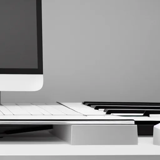 Prompt: dezeen showroom photo of macbook piano, render, Dieter Rams classic product design, product design render,
