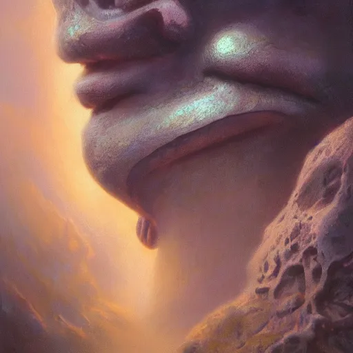 Prompt: beautiful realistic fantasy painting of an orb with a face that is just big lips, by pascal blanche and Frazetta and Beksinski, volumetric lighting, trending on art station, polarizer filter