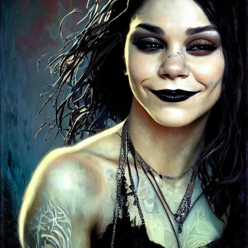 Image similar to beautiful portrait of vanessa hudgens as death from sandman, smiling, by cedric peyravernay, alphonse mucha, by jeremy mann, by lecouffe deharme, goth chic, soft lightning, eyeliner, punk rock, high detailed, 8 k