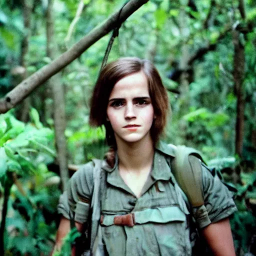 Image similar to film still, close up, portrait, emma watson soldier hiking through dense vietnam jungle, kodak ektachrome 1 9 7 3,