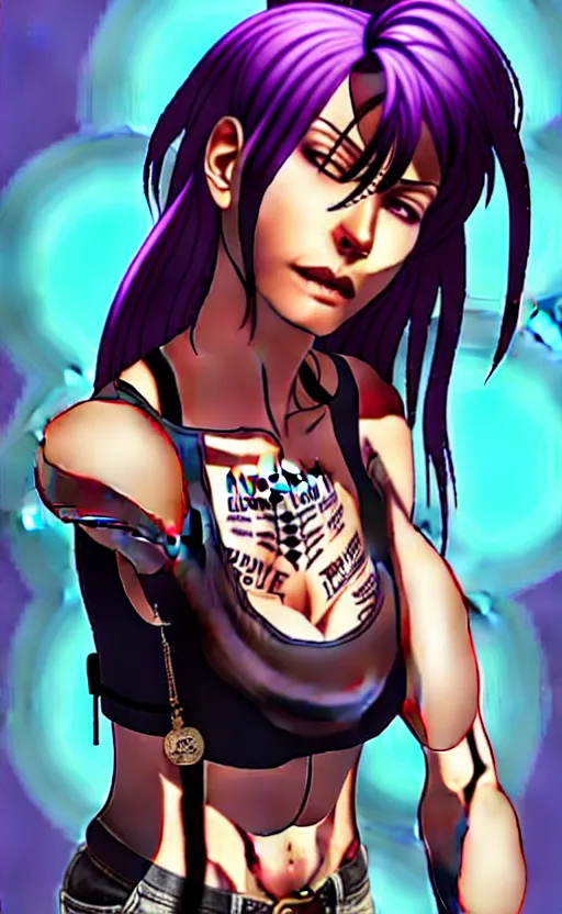 Image similar to a portrait of revy from black lagoon, dilraba dilmurarevy, smirk, black tank top, jean shorts, brown eyes, purple hair, tribal tattoos right arm sleeve, symmetrical eyes, symmetrical face, art by lois van baarle and loish and ross tran and rossdraws and sam yang and artgerm