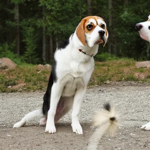 Prompt: Beagle looking at a Husky
