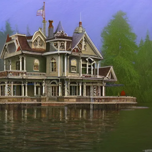 Image similar to Victorian mansion in rural Maine, a lake behind it, Michael Whelan, artstation, Darrell K Sweet, concept art