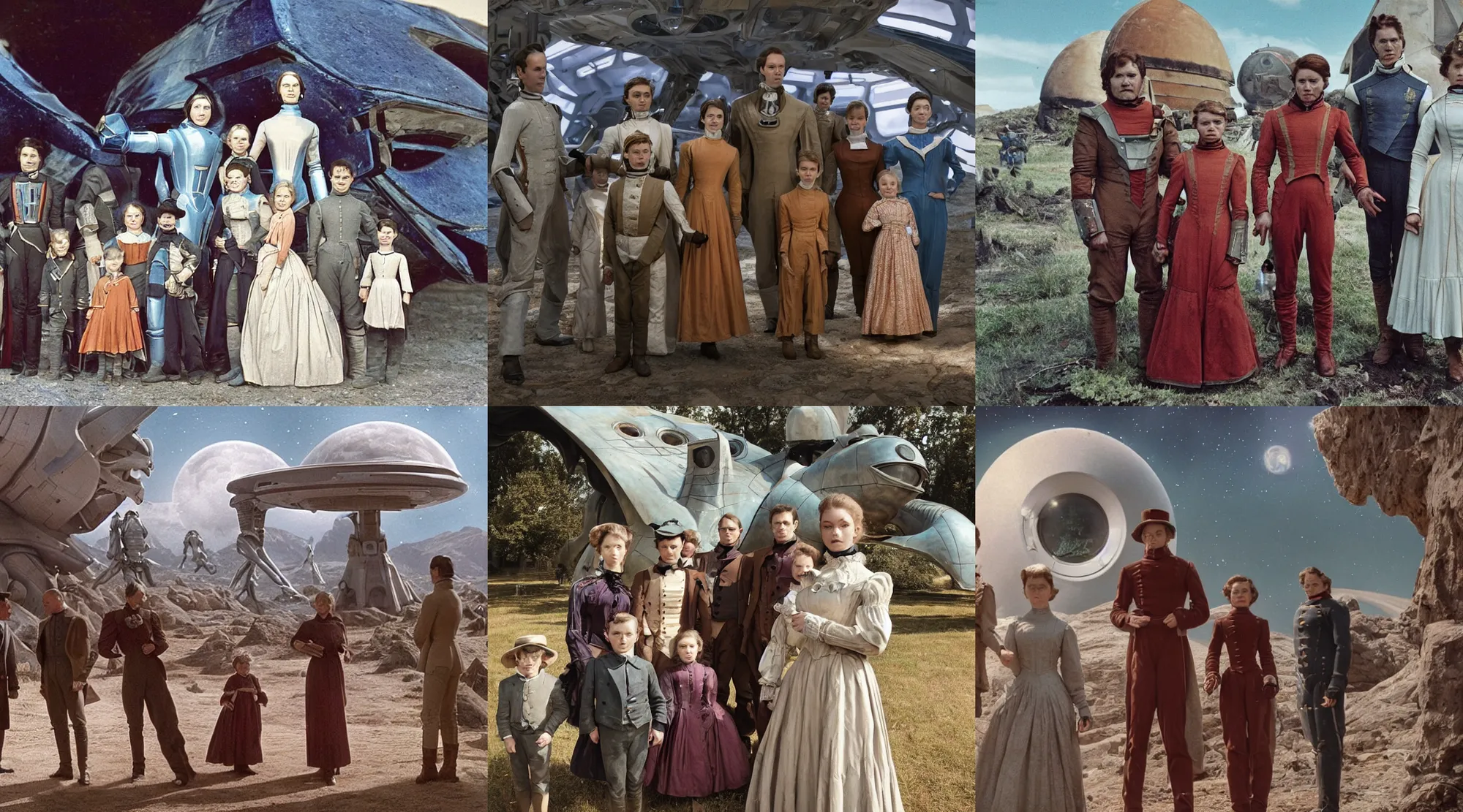Prompt: sharp, detailed, 256k film still from a sci fi blockbuster color movie made in 2022, set in 1860, of a family standing in front of a spaceship that has just landed on an alien planet, a humanoid alien creature stands nearby, the family are all wearing 1850s era clothes, cinematic lighting, good photography, sharp focus