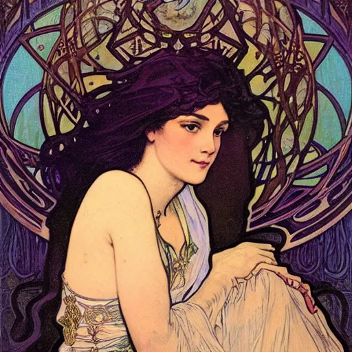 Image similar to akwafina portrait by louis - theophile hingre and alphonse mucha, realistic, sharp focus, zodiac signs, tarot cards, planets, ethereal, art nouveau, magic, moon, sun, crown, dreamy, royal, jewellery