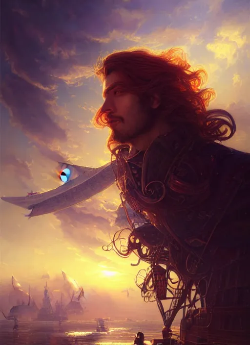 Image similar to portrait painting of a handsome face rugged long hair crimson hair male pirate, top half portrait soft hair steampunk ornate zeppelin blimp airship in the background sky sunset golden hour fantasy soft hair trending on artstation deviantart book cover art dramatic volumetric lighting art by stephan martiniere wlop greg rutkowski gaston bussiere