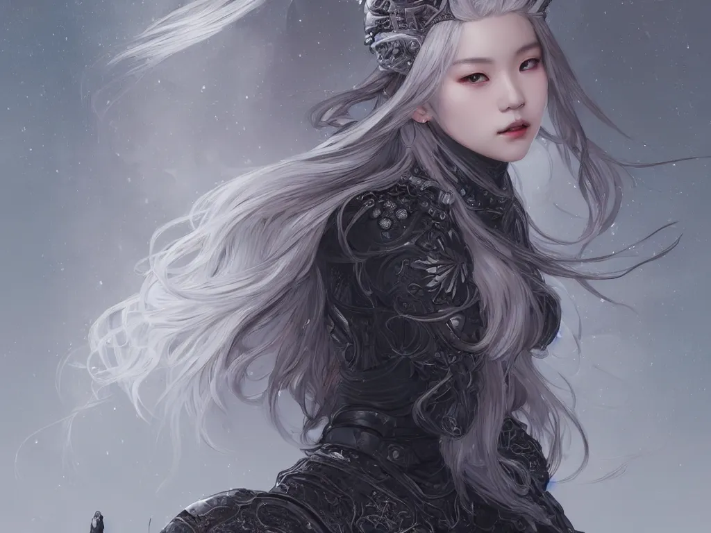 Image similar to portrait jisoo blackpink, grey hair armored samurai clothes, in snowy torii black magic night, ssci - fi and fantasy, intricate and very very beautiful and elegant, digital painting, artstation, concept art, smooth, illustration, art by tian zi and wlop and alphonse mucha