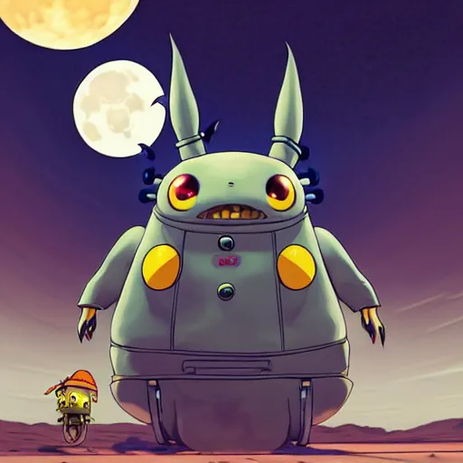 Prompt: a cell shaded cartoon grey lovecraftian mechanized pikachu demon from howl's moving castle ( 2 0 0 4 ), with a big head, on a desert road, wide shot, in front of a big moon, muted colors, post grunge, josan gonzales, wlop, by james jean, victor ngai, hq, deviantart, art by artgem