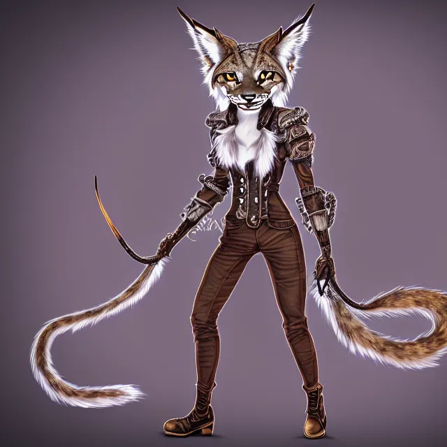 Image similar to the full body of anthropomorphic lynx fursona from behind wearing a steampunk suit as unimaginably beautiful, gorgeous, elegant, young woman with lynx head, an ultrafine hyperdetailed illustration by furaffinity, intricate linework, white fur, unreal engine 5 highly rendered, global illumination, radiant light, detailed and intricate environment, no feral, no taur