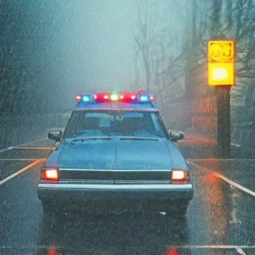 Prompt: 1990s, female cops kissing, vehicle light, rain, fog, highly detailed, cars parked