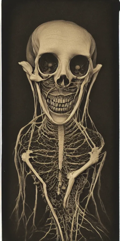 Image similar to an 1 9 1 0 polaroid photography of a very sad and detailed rotten woman corpse with fractal ornate growing around her face muscles, veins, arteries, bones, anatomical, skull, eye, ears, full body, intricate, surreal, ray caesar, john constable, guy denning, dan hillier, black and white